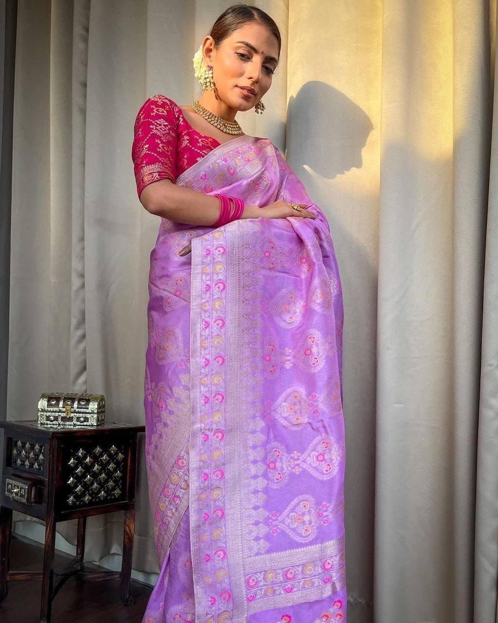 Confounding Lavender Soft Silk Saree With Cynosure Blouse Piece