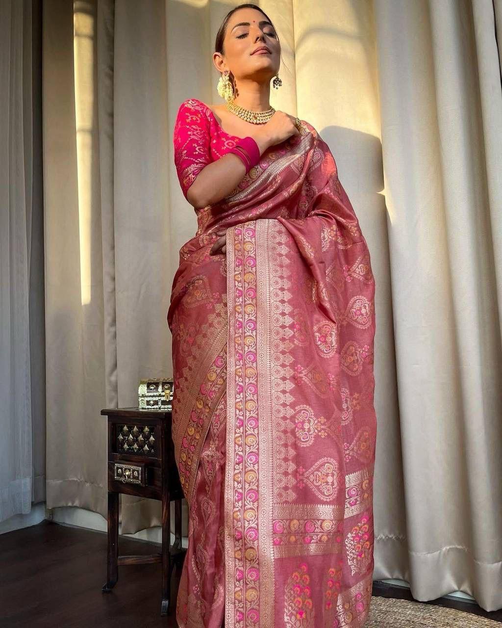 Blissful Peach Soft Silk Saree With Effervescent Blouse Piece