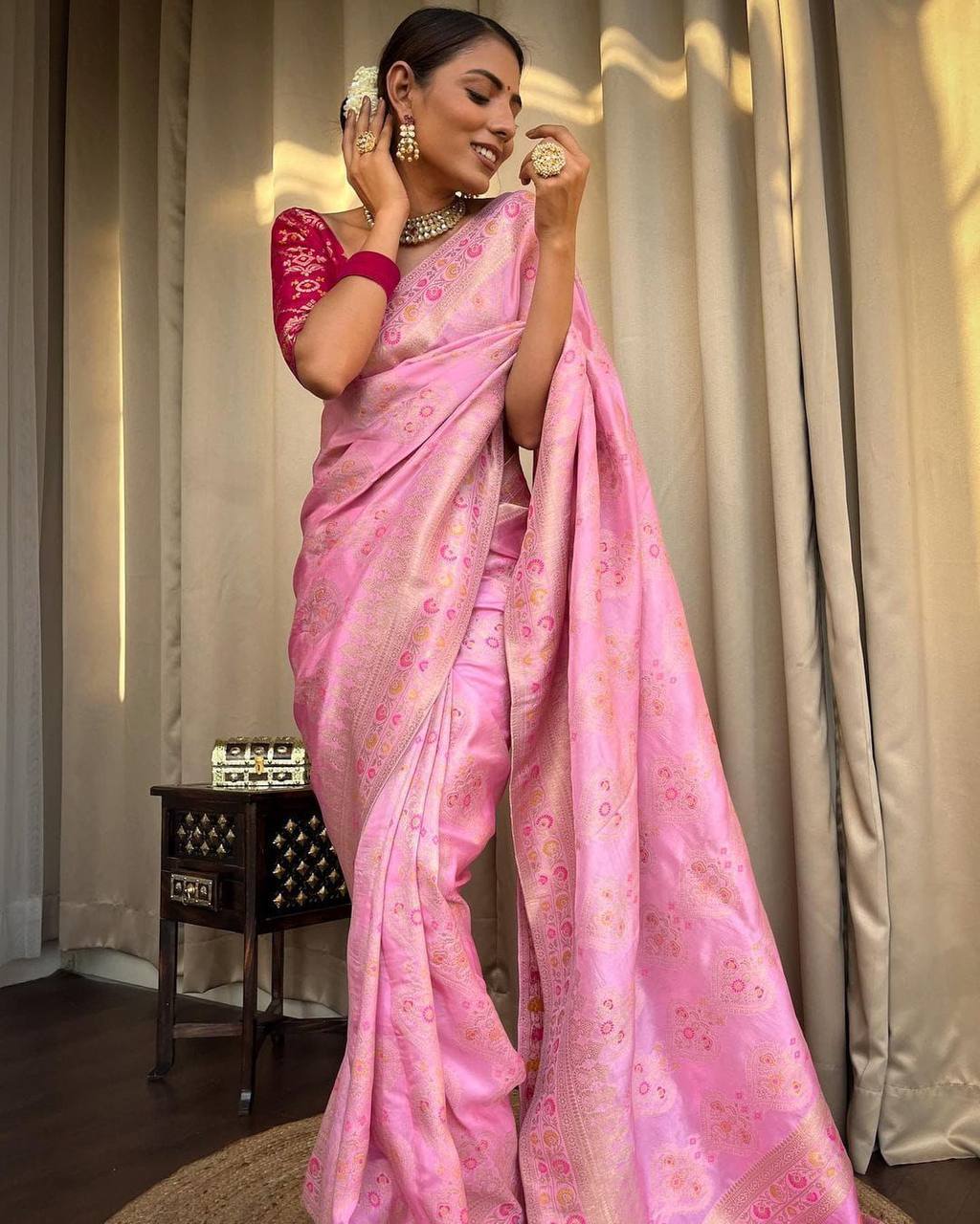 Woebegone Pink Soft Silk Saree With Splendorous Blouse Piece