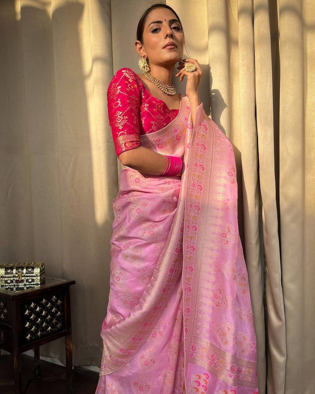 Woebegone Pink Soft Silk Saree With Splendorous Blouse Piece