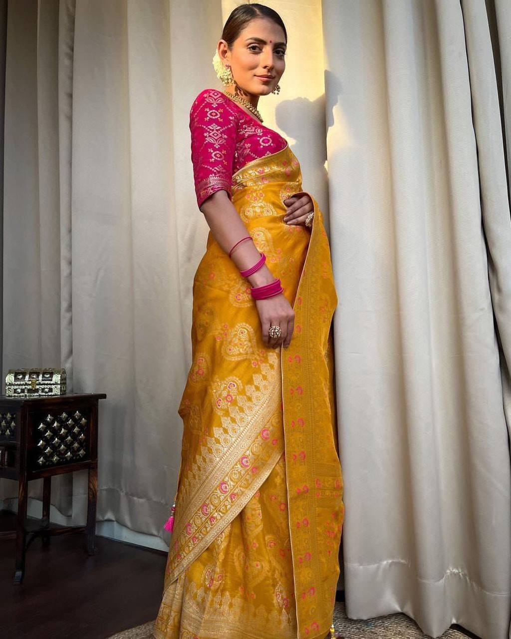 Demanding Yellow Soft Silk Saree With Ebullience Blouse Piece