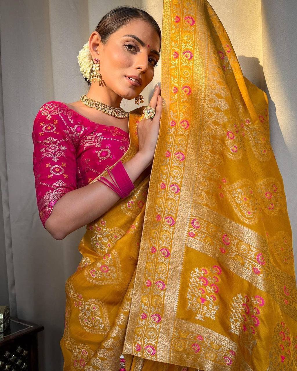 Demanding Yellow Soft Silk Saree With Ebullience Blouse Piece