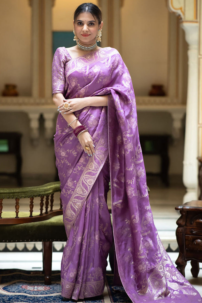 Ratatouille Lavender Soft Silk Saree With Super extravagant Blouse Piece