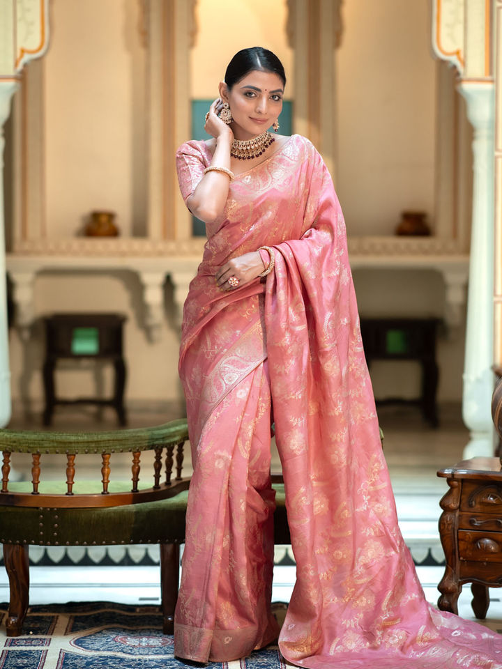 Moiety Peach Soft Silk Saree With Pleasurable Blouse Piece