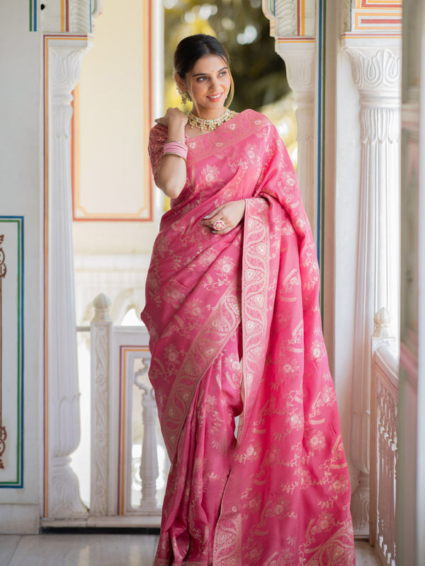 Resplendent Pink Soft Silk Saree With Lustrous Blouse Piece