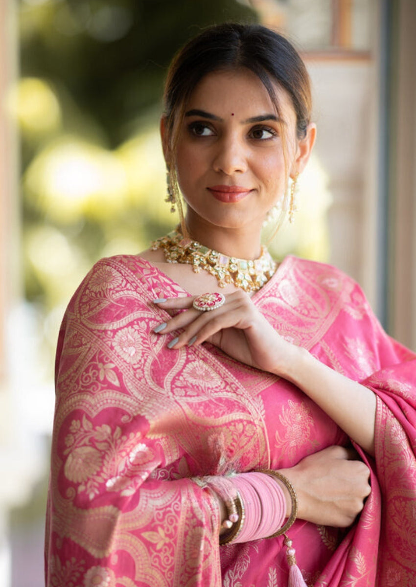 Resplendent Pink Soft Silk Saree With Lustrous Blouse Piece