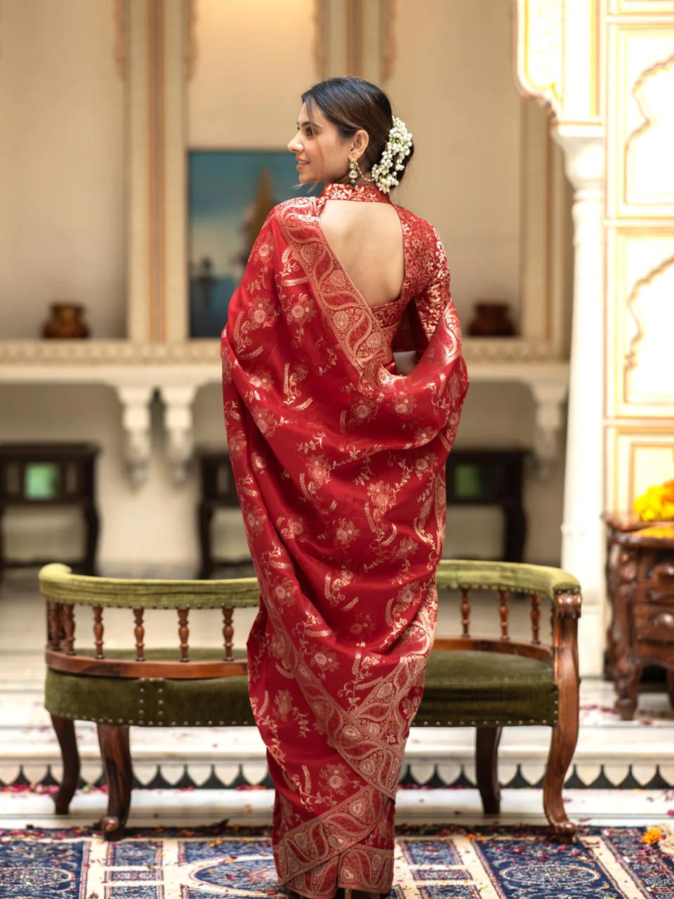 Eloquence Red Soft Silk Saree With A glam Blouse Piece