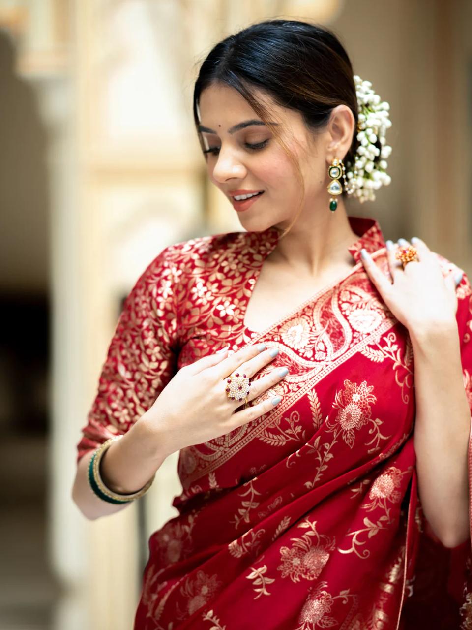 Eloquence Red Soft Silk Saree With A glam Blouse Piece