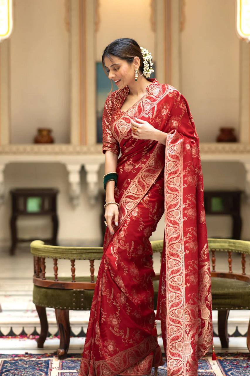 Eloquence Red Soft Silk Saree With A glam Blouse Piece