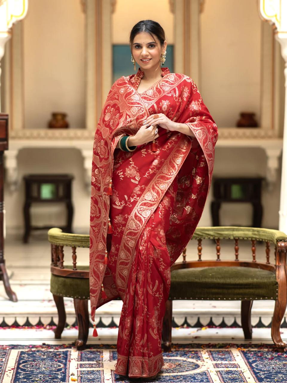 Eloquence Red Soft Silk Saree With A glam Blouse Piece