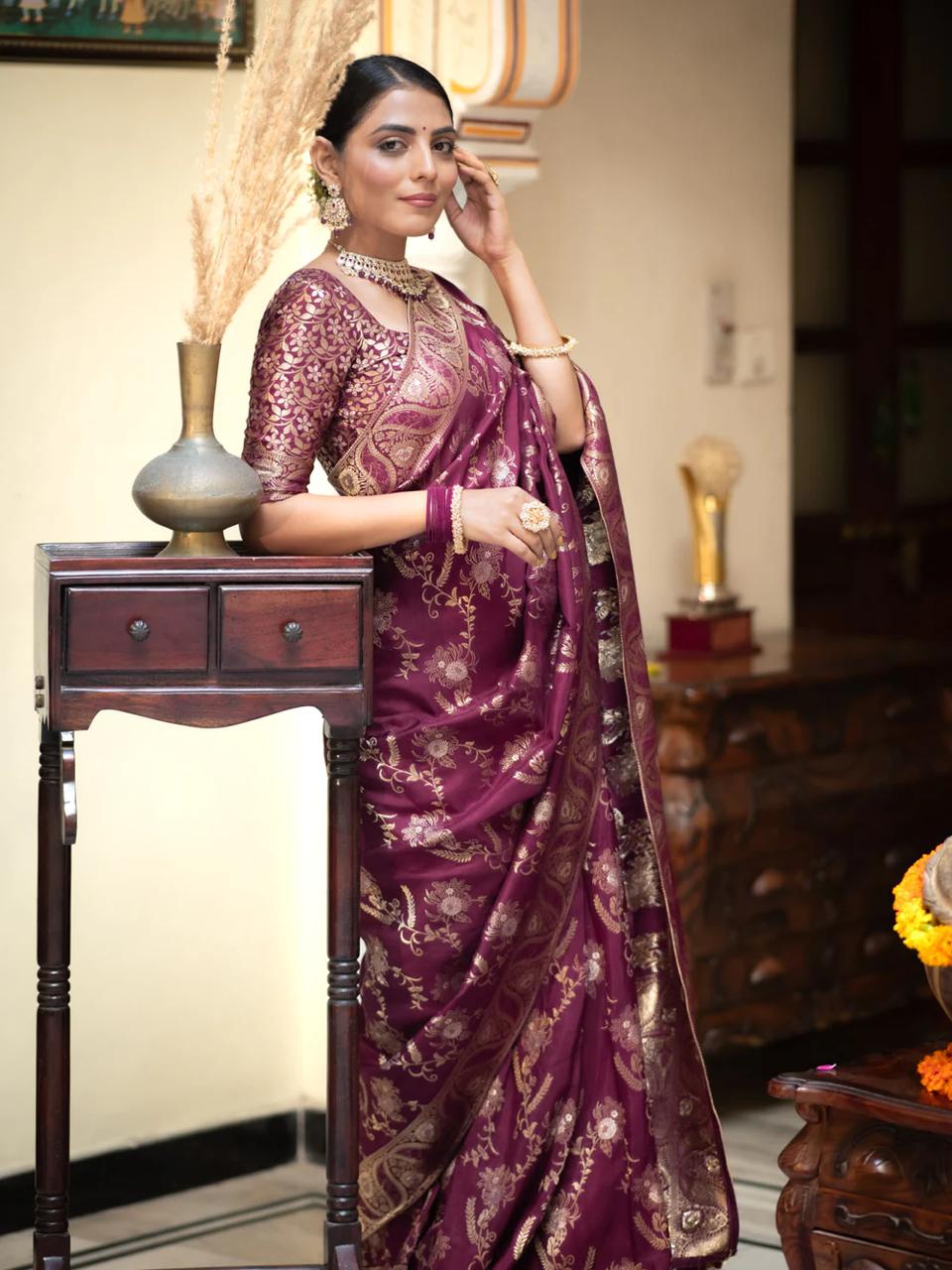 Dissemble Wine Soft Silk Saree With Seraglio Blouse Piece