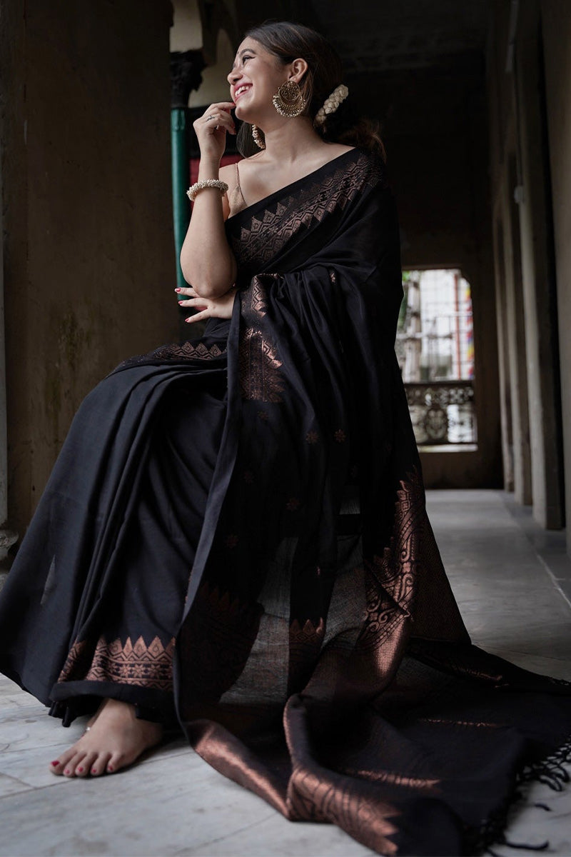 Fragrant Black Soft Silk Saree With Epiphany Blouse Piece