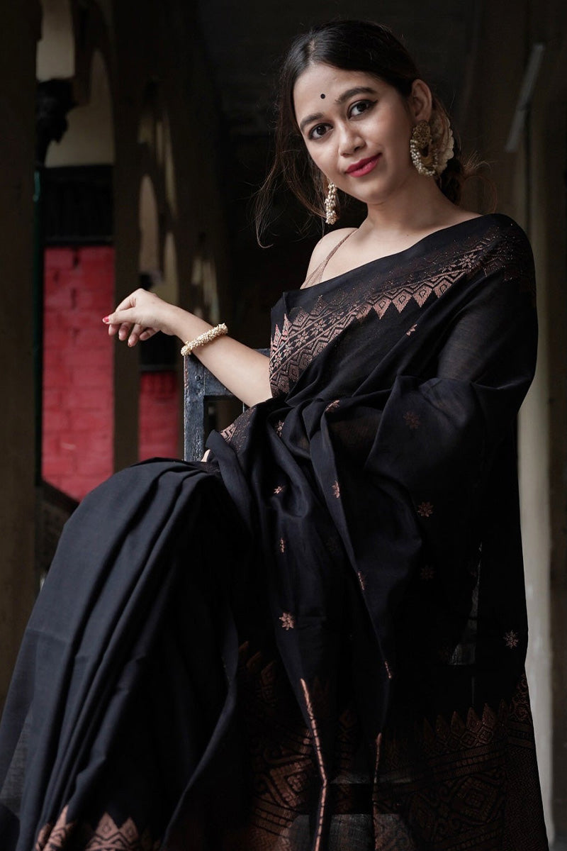 Fragrant Black Soft Silk Saree With Epiphany Blouse Piece