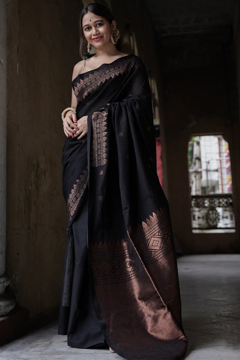 Fragrant Black Soft Silk Saree With Epiphany Blouse Piece