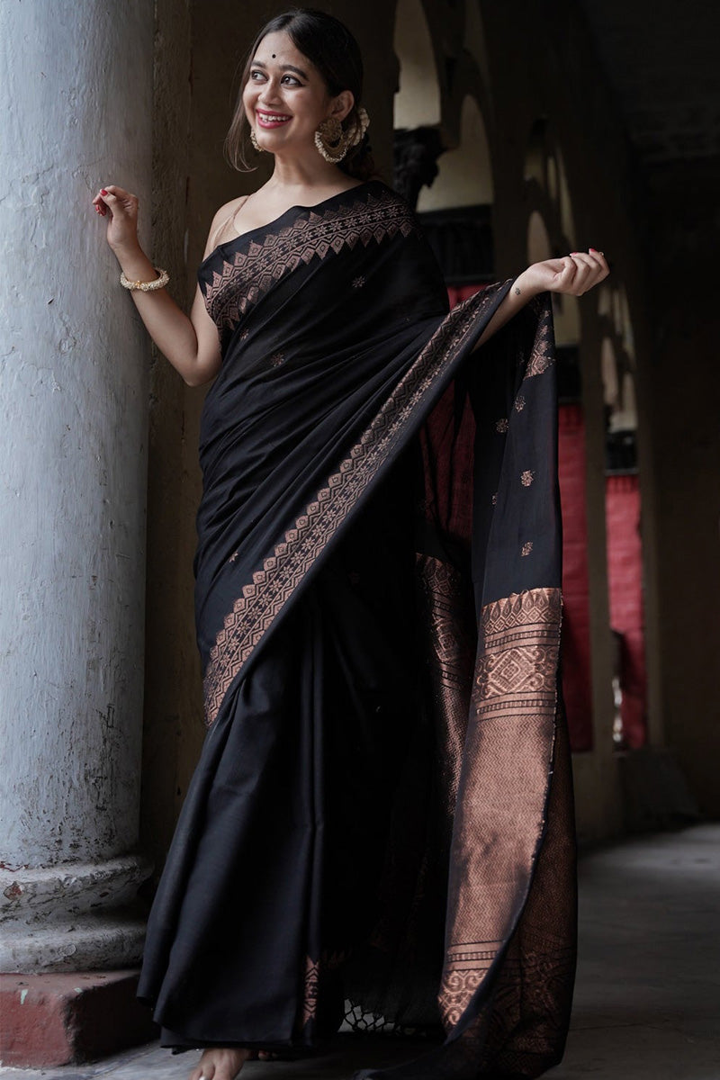 Fragrant Black Soft Silk Saree With Epiphany Blouse Piece