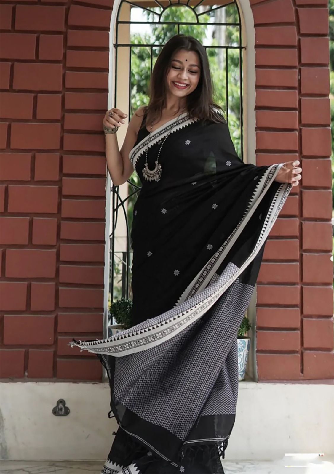 Prettiest Black Cotton Silk Saree With Demure Blouse Piece