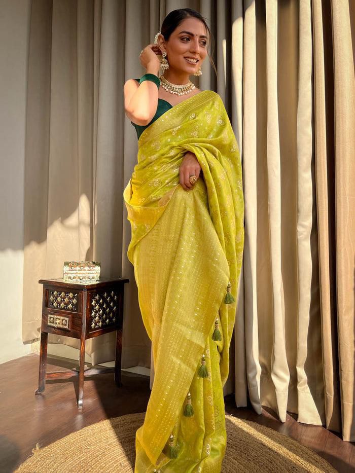 Beleague Yellow Soft Silk Saree With Glorious Blouse Piece