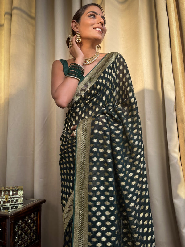 Conflate Dark Green Soft Banarasi Silk Saree With Propinquity Blouse