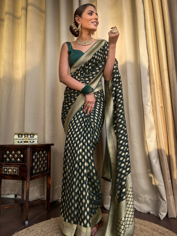 Conflate Dark Green Soft Banarasi Silk Saree With Propinquity Blouse