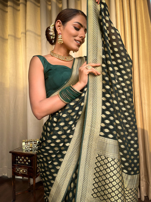 Conflate Dark Green Soft Banarasi Silk Saree With Propinquity Blouse