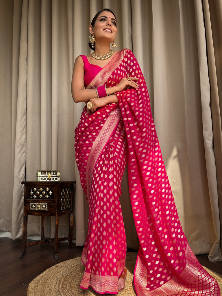 Chatoyant Dark Pink Soft Banarasi Silk Saree With Petrichor Blouse