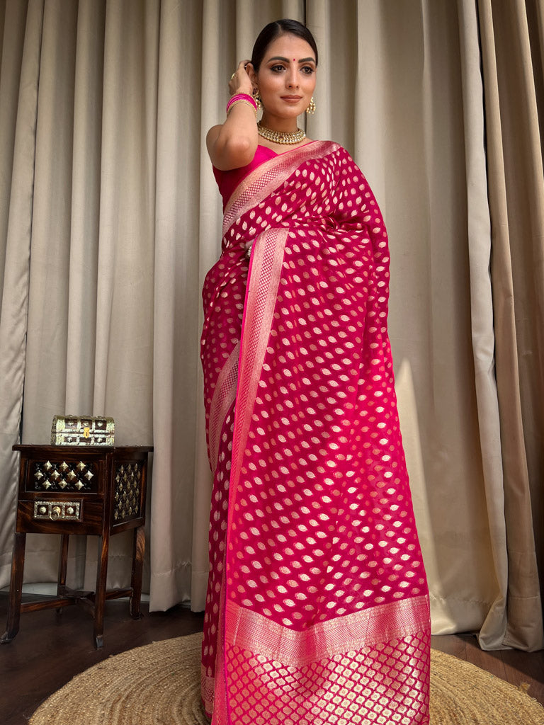 Chatoyant Dark Pink Soft Banarasi Silk Saree With Petrichor Blouse