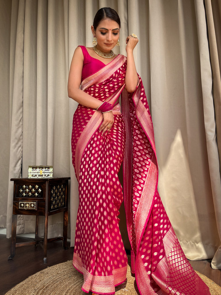 Chatoyant Dark Pink Soft Banarasi Silk Saree With Petrichor Blouse