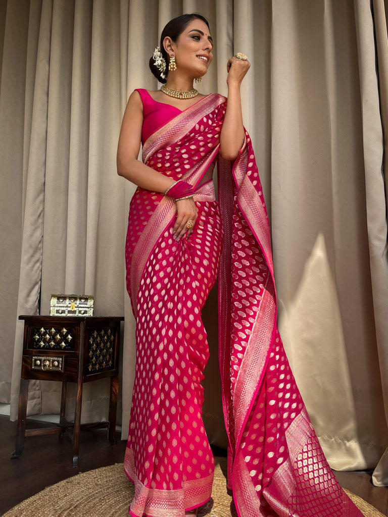 Chatoyant Dark Pink Soft Banarasi Silk Saree With Petrichor Blouse