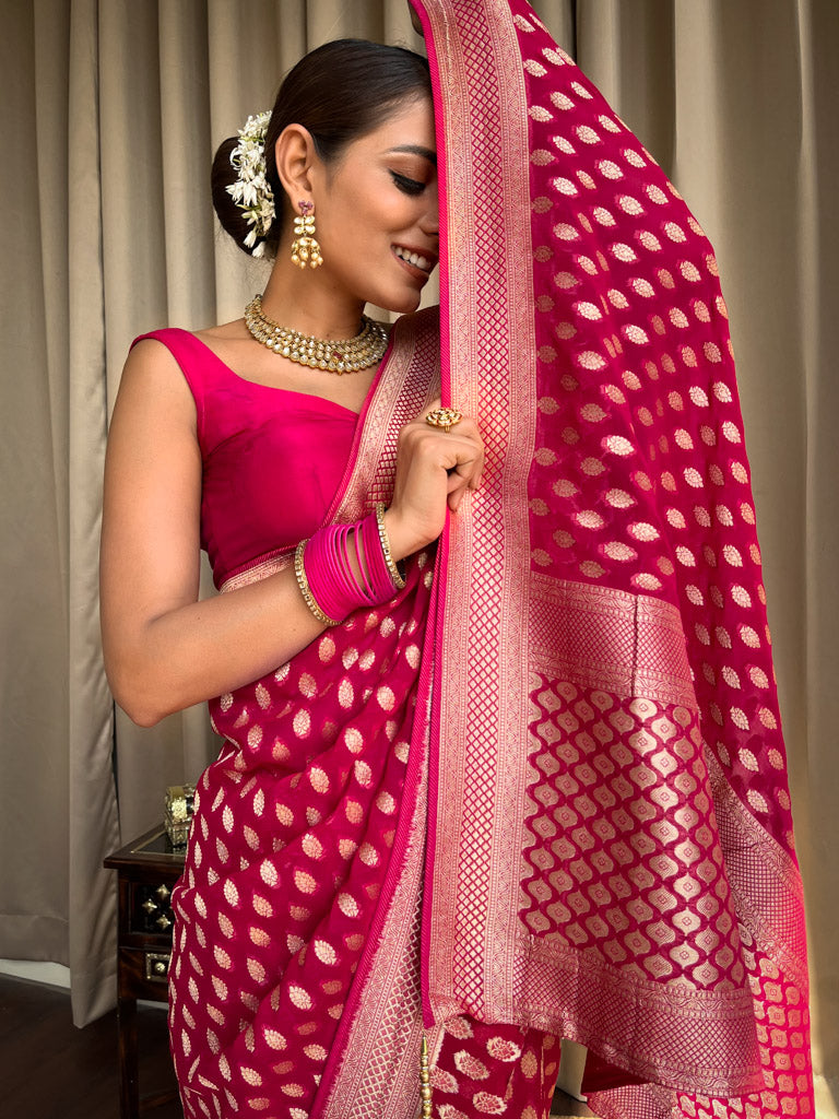 Chatoyant Dark Pink Soft Banarasi Silk Saree With Petrichor Blouse