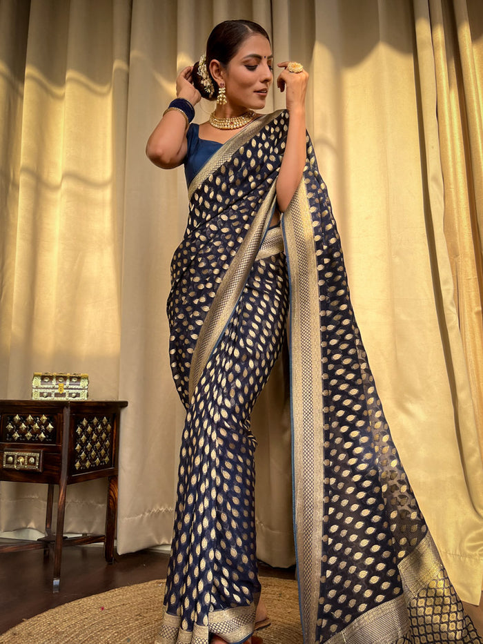 Bucolic Navy Blue Soft Banarasi Silk Saree With Panoply Blouse