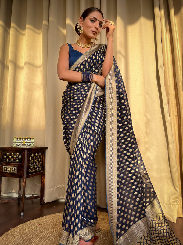 Bucolic Navy Blue Soft Banarasi Silk Saree With Panoply Blouse