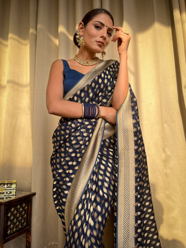 Bucolic Navy Blue Soft Banarasi Silk Saree With Panoply Blouse