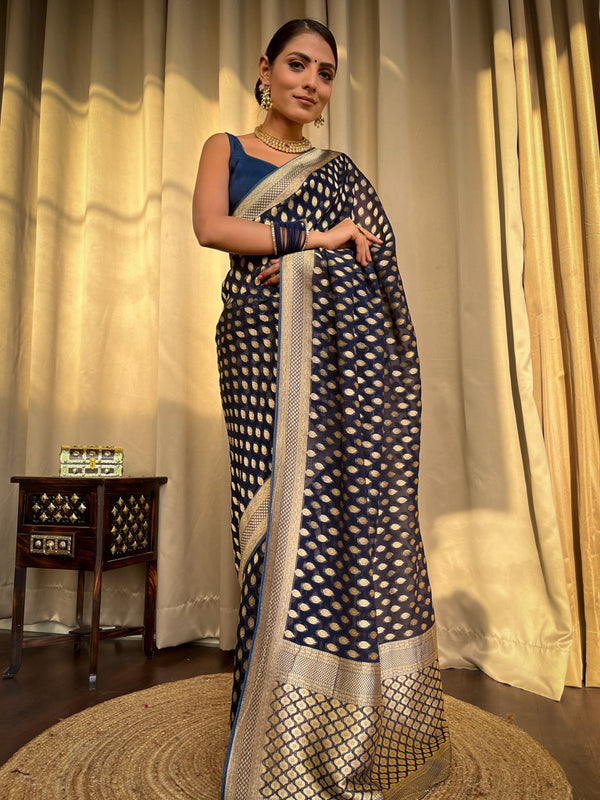 Bucolic Navy Blue Soft Banarasi Silk Saree With Panoply Blouse