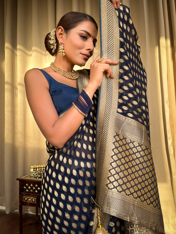 Bucolic Navy Blue Soft Banarasi Silk Saree With Panoply Blouse