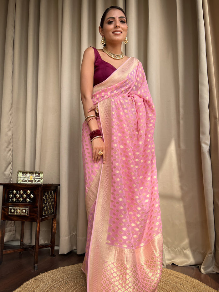 Innovative Pink Soft Banarasi Silk Saree With Eclat Blouse Piece