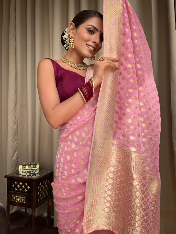 Innovative Pink Soft Banarasi Silk Saree With Eclat Blouse Piece