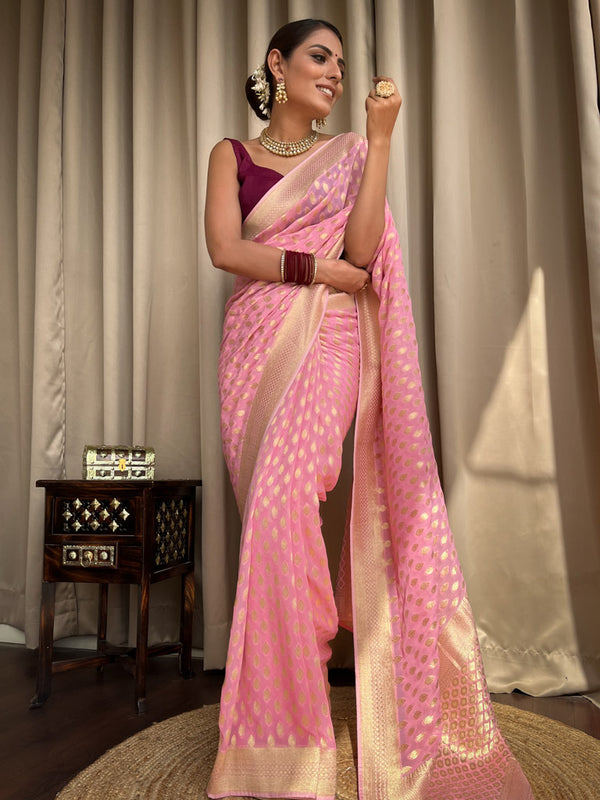 Innovative Pink Soft Banarasi Silk Saree With Eclat Blouse Piece