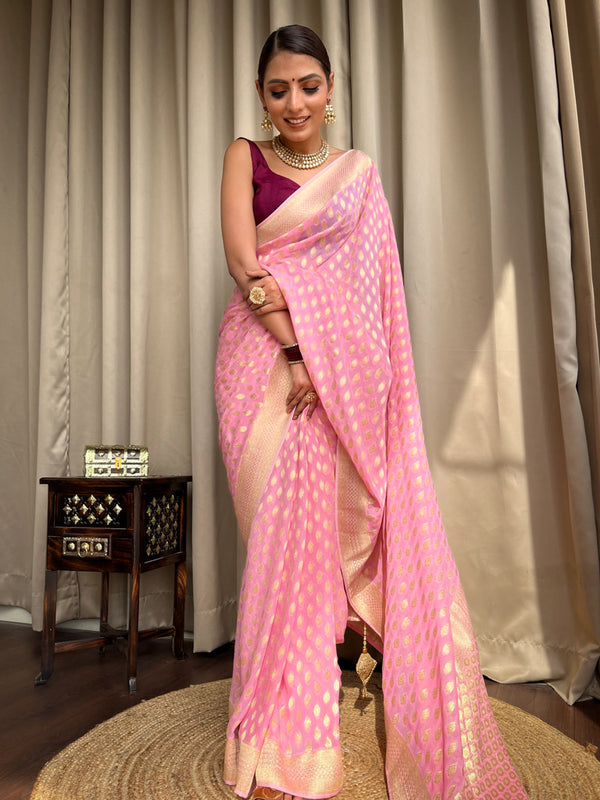 Innovative Pink Soft Banarasi Silk Saree With Eclat Blouse Piece