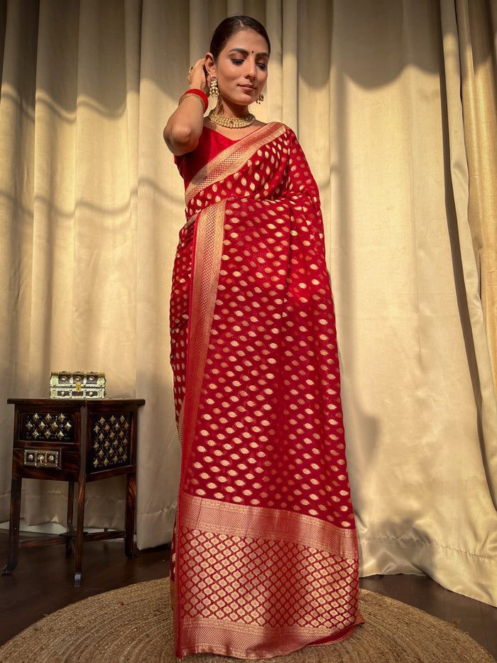 Marvellous Red Soft Banarasi Silk Saree With Nebula Blouse Piece