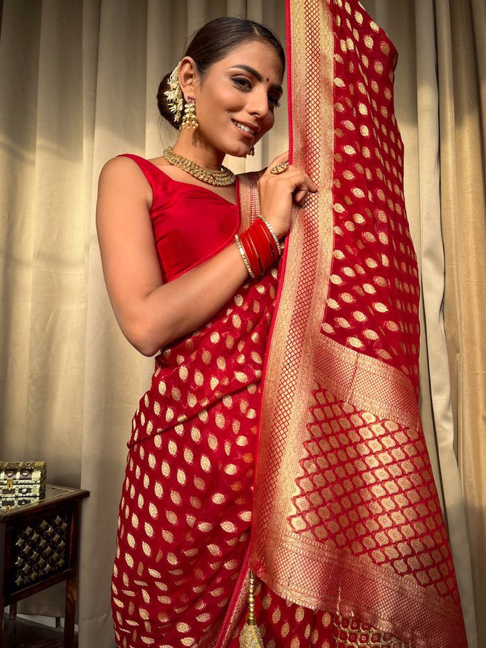 Marvellous Red Soft Banarasi Silk Saree With Nebula Blouse Piece