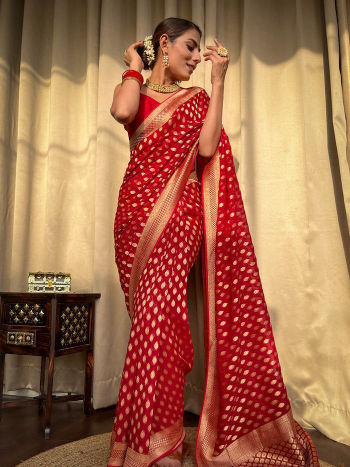 Marvellous Red Soft Banarasi Silk Saree With Nebula Blouse Piece