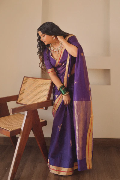 Ephemeral Purple Cotton Silk Saree With Glamorous Blouse Piece