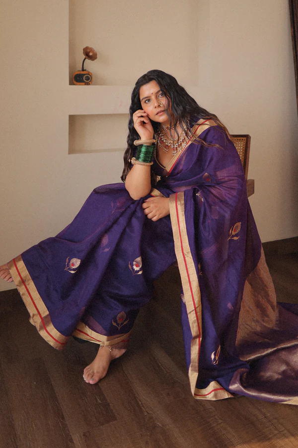 Ephemeral Purple Cotton Silk Saree With Glamorous Blouse Piece