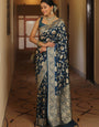 Jubilant Navy Blue Soft Silk Saree With Luminous Blouse Piece