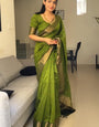 Ethnic Green Cotton Silk Saree With Invaluable Blouse Piece