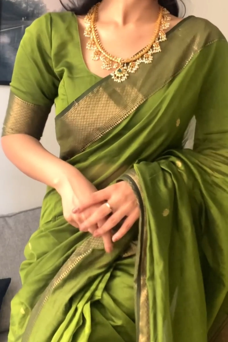 Ethnic Green Cotton Silk Saree With Invaluable Blouse Piece