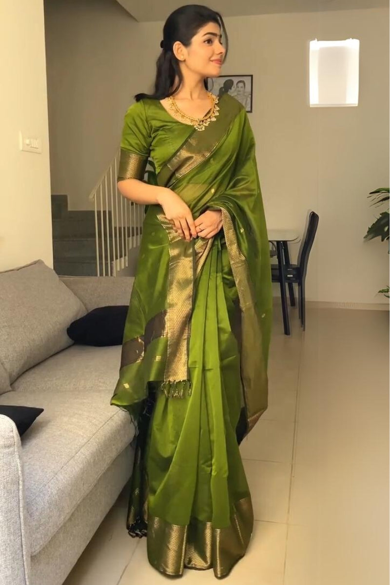 Ethnic Green Cotton Silk Saree With Invaluable Blouse Piece