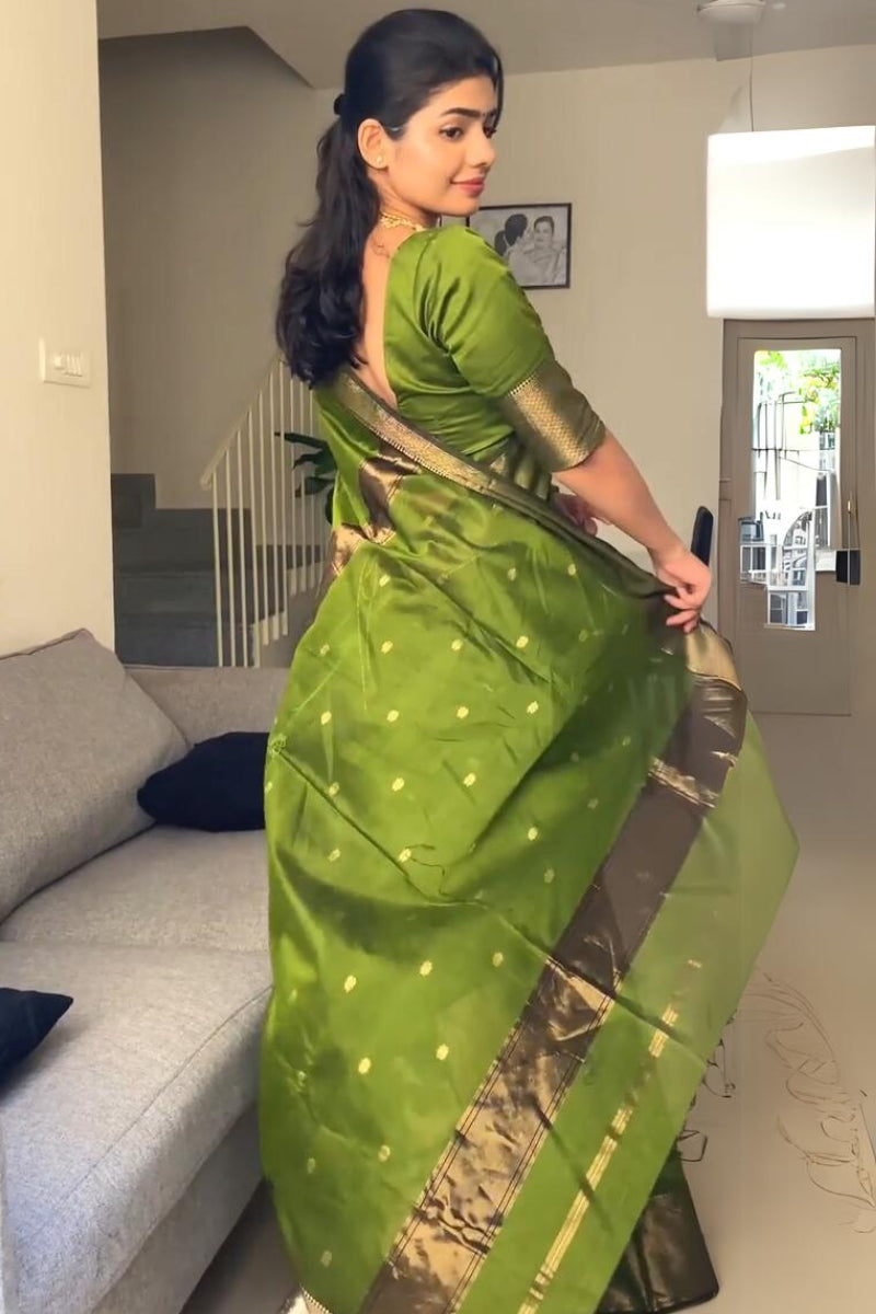 Ethnic Green Cotton Silk Saree With Invaluable Blouse Piece