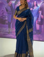 Designer Navy Blue Cotton Silk Saree With Gorgeous Blouse Piece