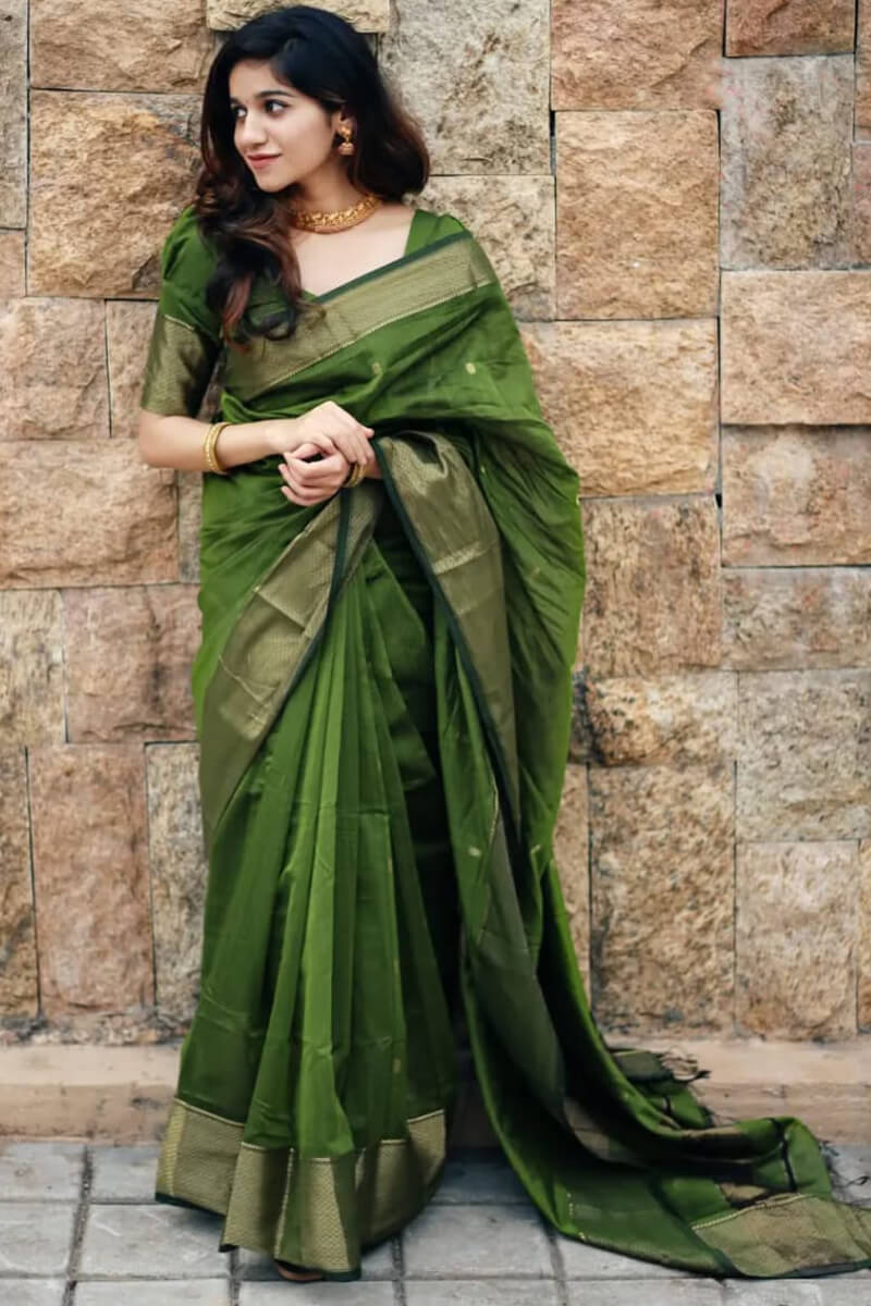 Groovy Green Cotton Silk Saree With Invaluable Blouse Piece